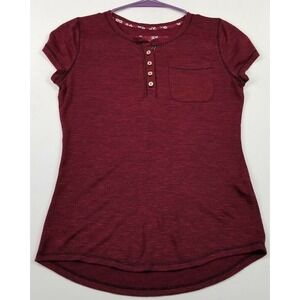Mine T Shirt Women's Small S Red Henley Short Sleeve Pocket Stretch Tee Top Knit